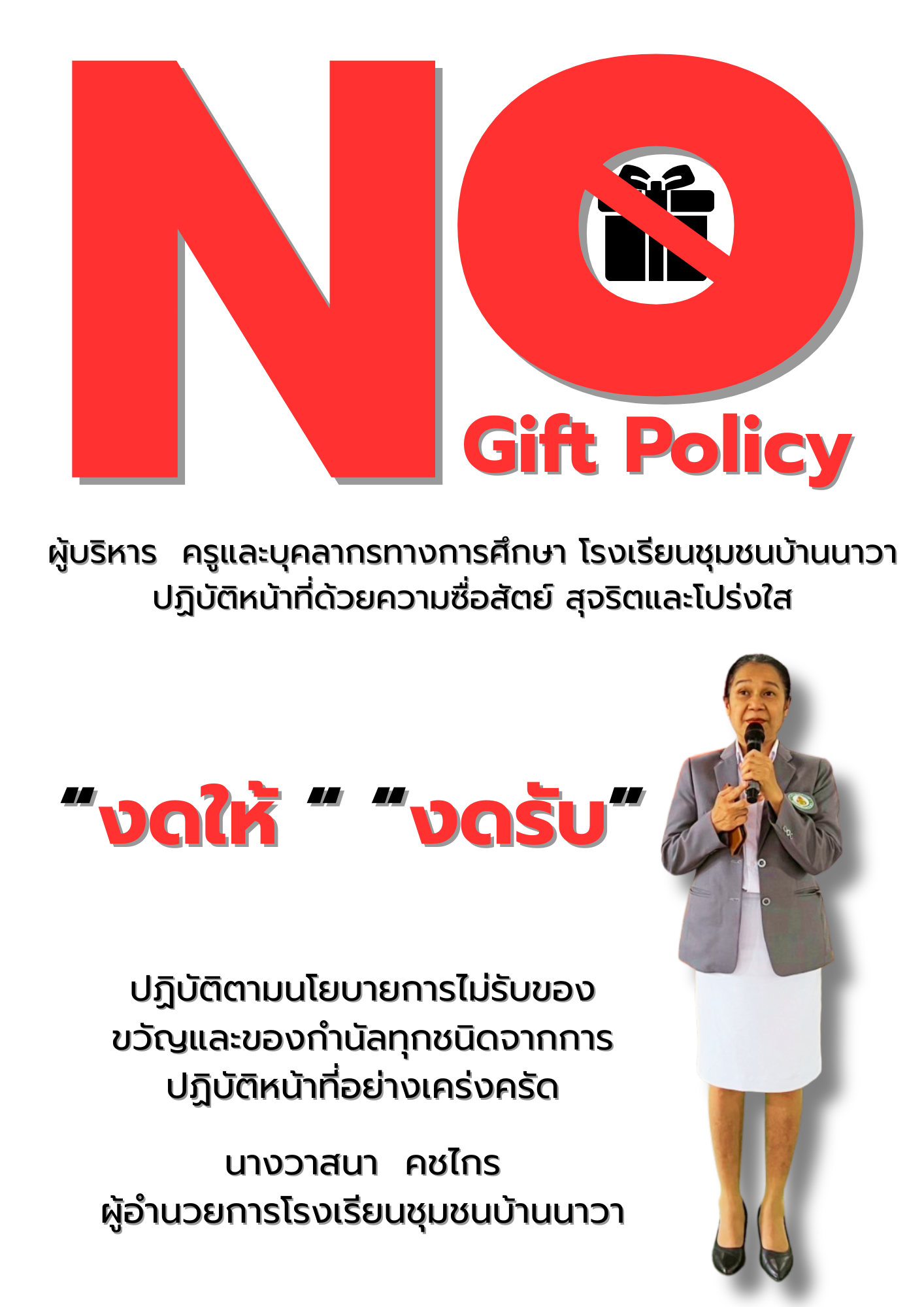 ประกาศโรงเรียนชุมชนบ้านนาวา  เรื่อง นโยบายการไม่รับของขวัญและของกำนัลทุกชนิดจากการปฏิบัติหน้าที่ (No Gift Policy) ประจำปีงบประมาณ พ.ศ.2568