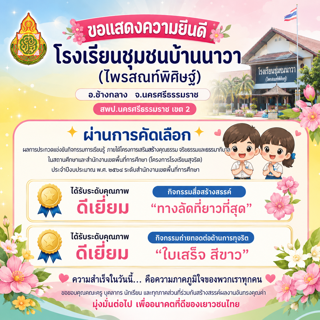 โรงเรียนชุมชนบ้านนาวา (ไพรสณฑ์พิศิษฐ์) คว้ารางวัลระดับคุณภาพ “ดีเยี่ยม” จำนวน 2 ผลงาน ในโครงการโรงเรียนสุจริต ประจำปีงบประมาณ พ.ศ. 2569